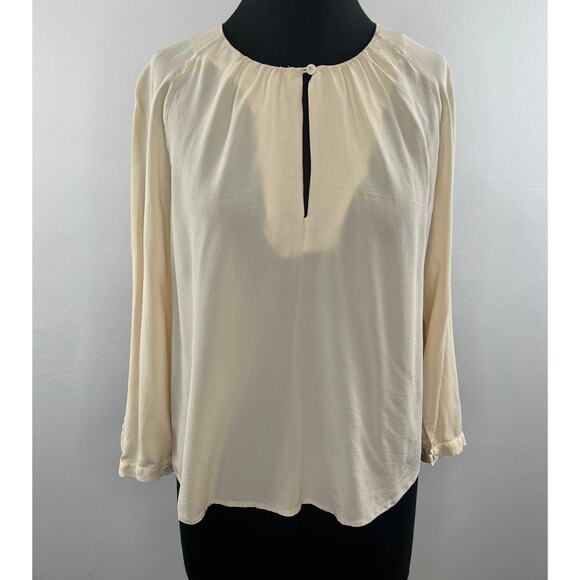 CLOSED Beige Silk Crepe Long Sleeve Semi-Sheer Blouse with Keyhole Neckline L - Picture 1 of 7